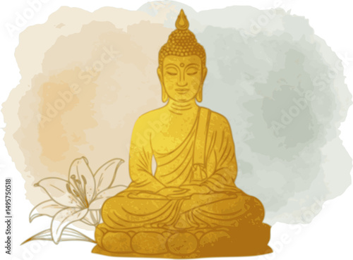 Abstract watercolor background with Buddha, gold texture and hand drawn Lily flower. Vector illustration PNG