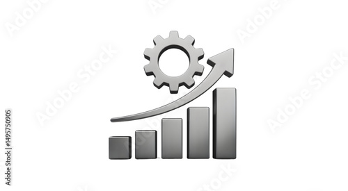 3D Render of a Silver Gear Icon with an Upward Trending Graph Representing Growth and Progress