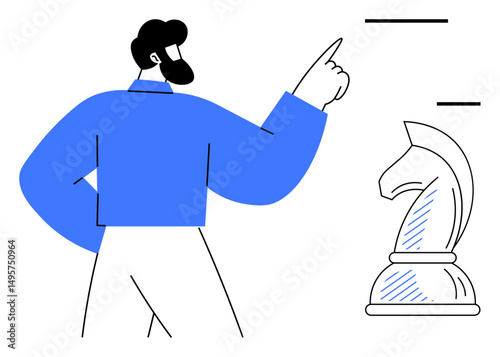 Confident individual pointing toward a chess knight, symbolizing strategy and problem-solving. Ideal for leadership, planning, innovation, decision-making, business strategy, teamwork, flat simple
