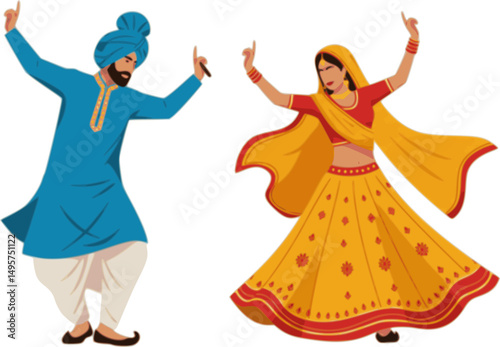 Indian man and woman in traditional dress performing folk dance on Lohri Festival
