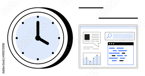 Analog clock next to a digital dashboard displaying text, charts, and search bar. Ideal for productivity, time tracking, analytics, reporting, scheduling, organization simple landing page