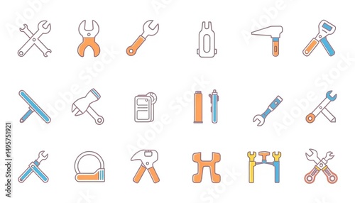 Clean vector icons depicting various tools and service symbols, ideal for maintenance, repair, and installation contexts, symbol, flat