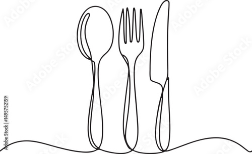  one line vector illustration of spoon, fork, and knife as elegant kitchen cutlery on white background