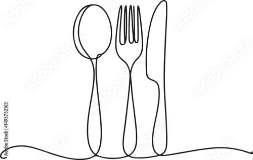  one line vector illustration of spoon, fork, and knife as elegant kitchen cutlery on white background