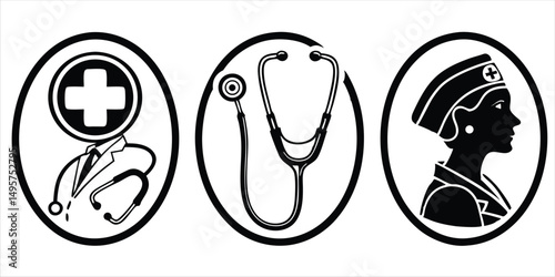 Healthcare and medical vector icons, doctor and nurse silhouette illustrations