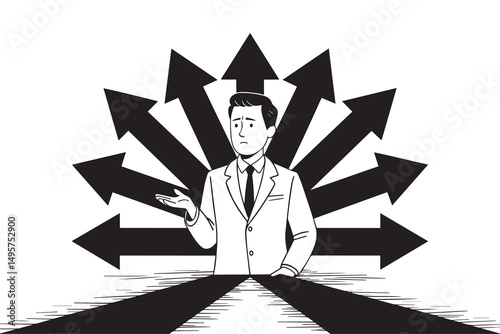 Man Facing Choices With Multiple Direction Arrows