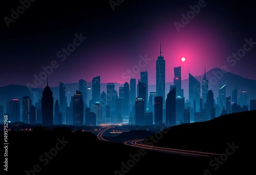 Clean lines, glowing futuristic cityscape silhouette against a dark background, buildings, simple