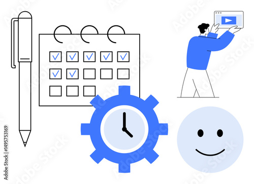 Pen and calendar with checkboxes, gear symbol with clock, person holding video screen, smiling face. Ideal for planning, productivity, time tracking, scheduling, goal setting team work simple