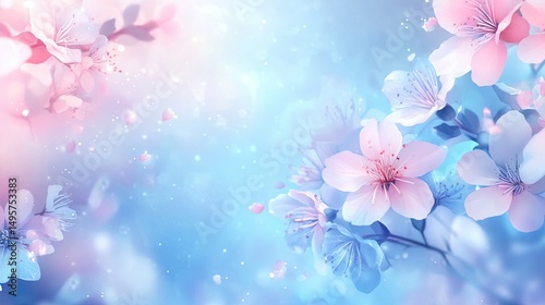 Cherry Blossoms in Soft Blue and Pink Hues