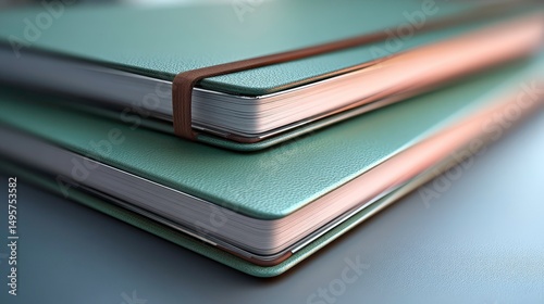 Stack of Green Journals, Notebooks with Elastic Band. Organization, Planning, and Productivity Concept.