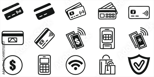  Contactless payment and security vector icons, wireless banking and finance illustrations