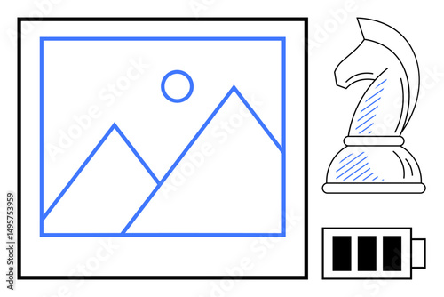 Framed minimalist mountain artwork, chess knight figure, and battery energy icon. Ideal for creativity, strategy, power, design, focus balance productivity. Flat simple metaphor