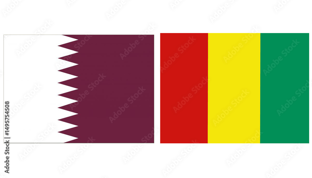 Fototapeta premium Qatar Official flag with Guinea national flag, both countries flags are in Horizontal shape and isolated on white background. Rectangular colorful design Flag with together.