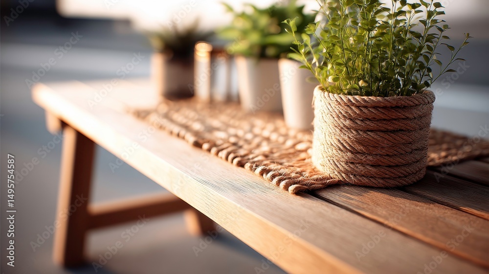 Fototapeta premium Plant on Table, Sustainable Living, Home Decor. Indoor plant arrangement on rustic wooden table. Eco-friendly decoration for a sustainable lifestyle and tranquil home environment.