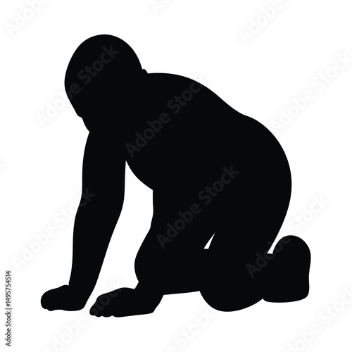 Silhouette of a child crawling on their hands and knees, isolated on white