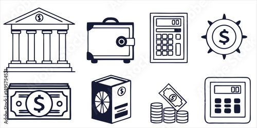 Banking and finance vector icons, money saving and investment thin line illustrations