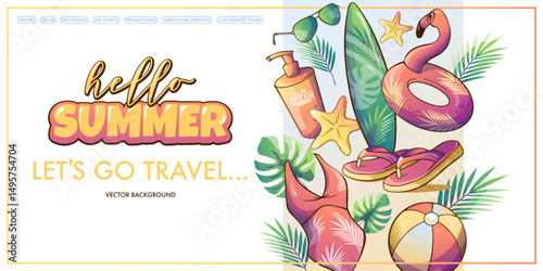 summer banner hello summer with surfboard, swimsuit, sunscreen, palm branches hand drawn