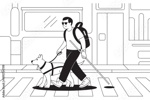 Blind Person with Guide Dog Crossing Street Illustration