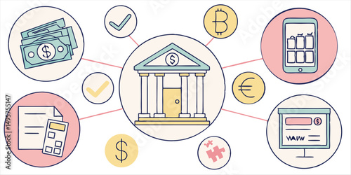  Financial banking network illustration, online money transfers vector design