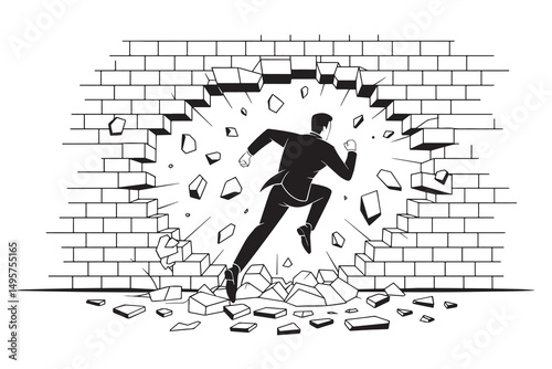 Businessman Breaking Through Wall Overcoming Obstacle Illustration