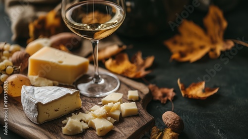 Autumn cheese and wine pairing with seasonal leaves in rustic setting