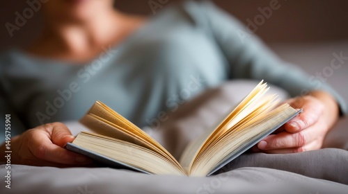 Woman Reading Book in Bed. Leisure, Relaxation, and Self-Care Concept