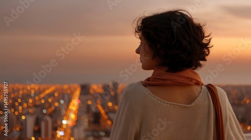 Woman Silhouette City View Sunset, Contemplation, Urban Landscape