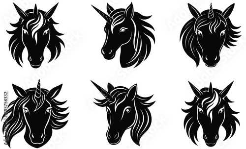 Black and white horse vector illustration set with wild animal head silhouette symbol design