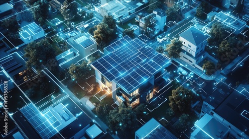 Smart City: Aerial View of Modern Houses with Solar Panels and Network Connections