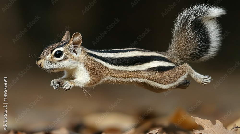 Obraz premium Chipmunk leaps through autumn leaves