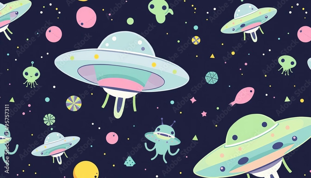 Fototapeta premium Charming pastel UFO and alien pattern; whimsical, space-themed repeat design, wallpaper, adorable