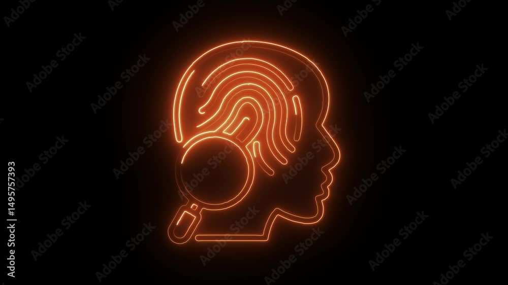 Neon human head profile silhouette with fingerprint and magnifying glass scan