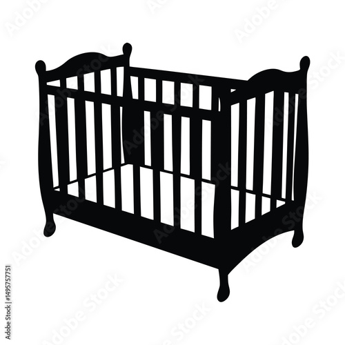 Elegant black silhouette illustration of a vintage style baby crib or cot