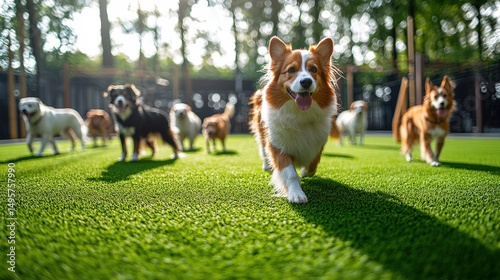 Multiple dogs running and playing on artificial turf in a sunny dog park or daycare center