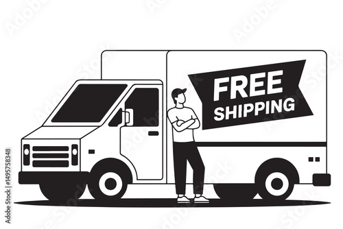 Illustration of Delivery Truck with Free Shipping Sign and Person