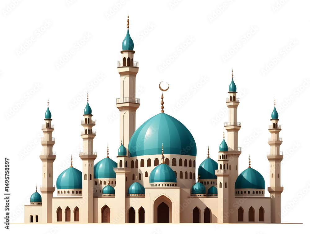 Fototapeta premium Elegant Illustration of Grand Mosque with Turquoise Domes and Minarets