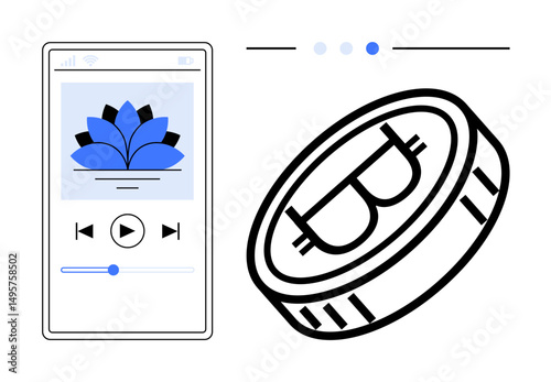 Smartphone screen playing music with blue lotus icon, cryptocurrency coin, progress bar, playback controls. Ideal for finance, technology, digital payments, music apps, multitasking innovation