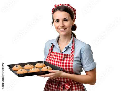Smiling Baker Holding Freshly Baked Cookies on a Baking Tray