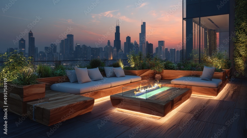 Obraz premium A stunning image of futuristic Eco-Friendly Rooftop Terrace in Luxury Penthouse with Solar-Powered LED Lights, Organic Vegetable Garden, Bioethanol Fireplace, City Skyline at.
