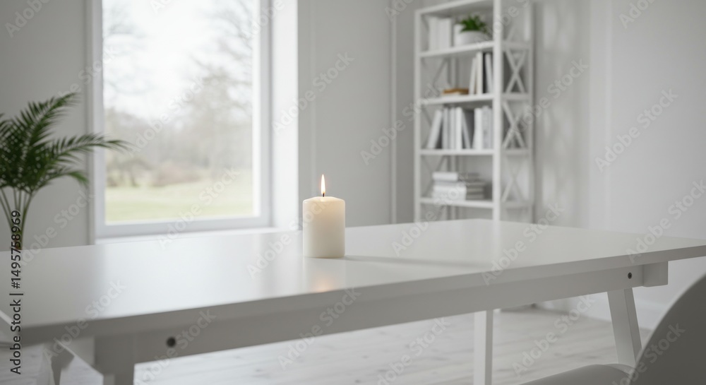 Fototapeta premium Minimalist Interior with Candlelight - Serene White Room Photos
