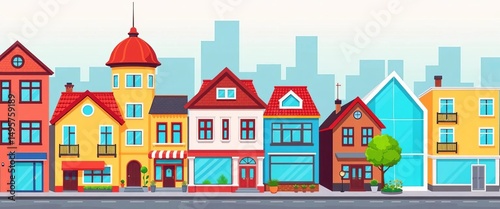 Cartoon vector illustrations of retro and modern houses; various architectural styles, city setting, empty space, cartoon, vector