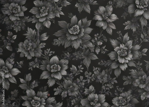 Small-scale charcoal floral wallpaper, elegant repeat design, texture, stylish