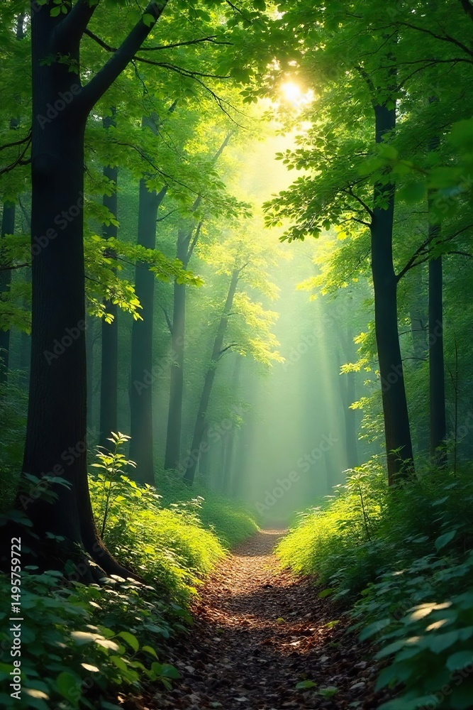 Obraz premium Serene forest scene, dappled sunlight filtering through leaves, creating a tranquil atmosphere perfect for meditation; calm, peaceful nature background , contemplation, earth