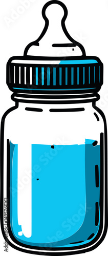 Illustration of a blue baby bottle with a nipple cap in a cartoon style. Vector illustration