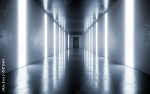 A long, empty corridor illuminated by bright, vertical neon lights