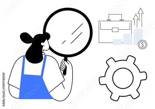 Woman holding magnifying glass analyzing growth charts, briefcase, and coin. Gear symbolizes workflow. Ideal for analysis, growth strategy, optimization, finance career innovation management. Flat