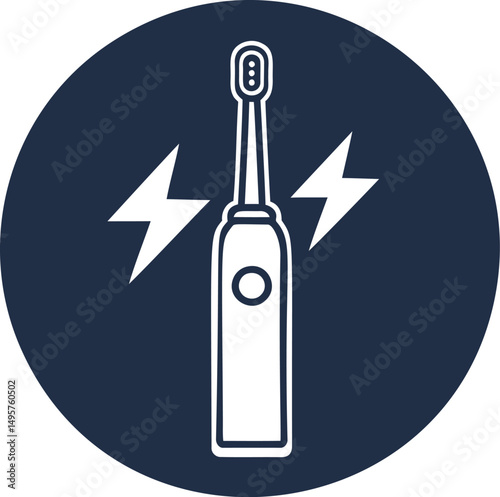 Electric toothbrush icon with lightning bolts in dark blue circle, flat design. Vector illustration