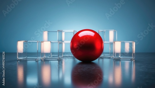 Leadership principle, A lone red sphere leader oversees other boxes. Victory strategy in business