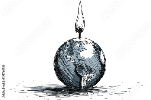 Sketch of the earth as a melting candle with a flame concept. Vector illustration