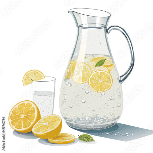Fresh lemonades in a pitcher with slices, refreshing, on a white background with copy space.